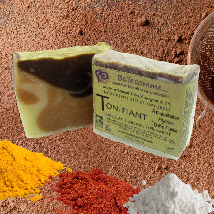 Savon TONIFIANT au chocolat, karité et argiles - ingrédients BIO et naturels.